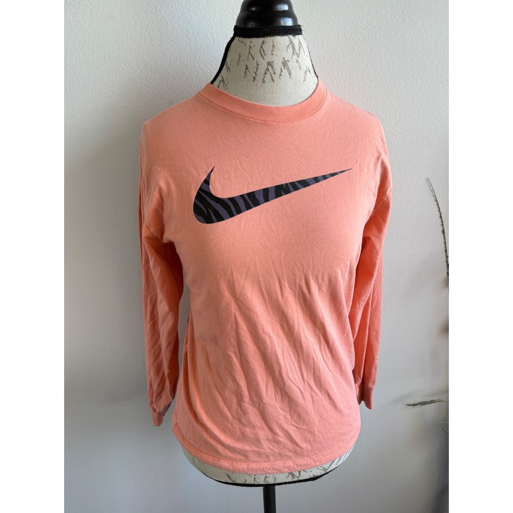 Nike Womens Peach Zebra Print‎ Swoosh Long Sleeve Cinch Hem Graphic Tee XS